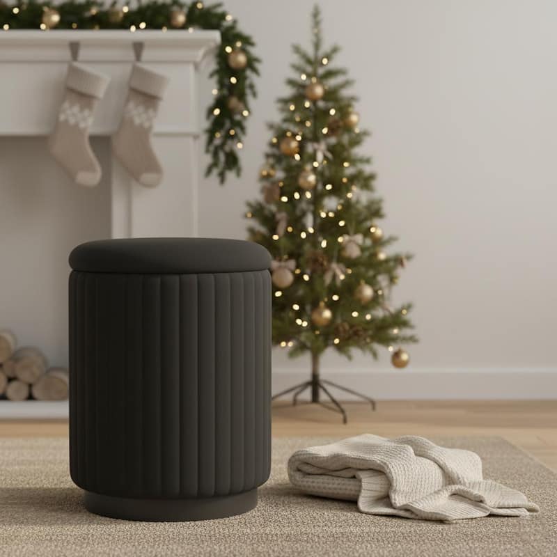 Round Ottoman Elegant Vanity Stool and Footrest for Bedroom, Makeup Desk, or Living Room - Black