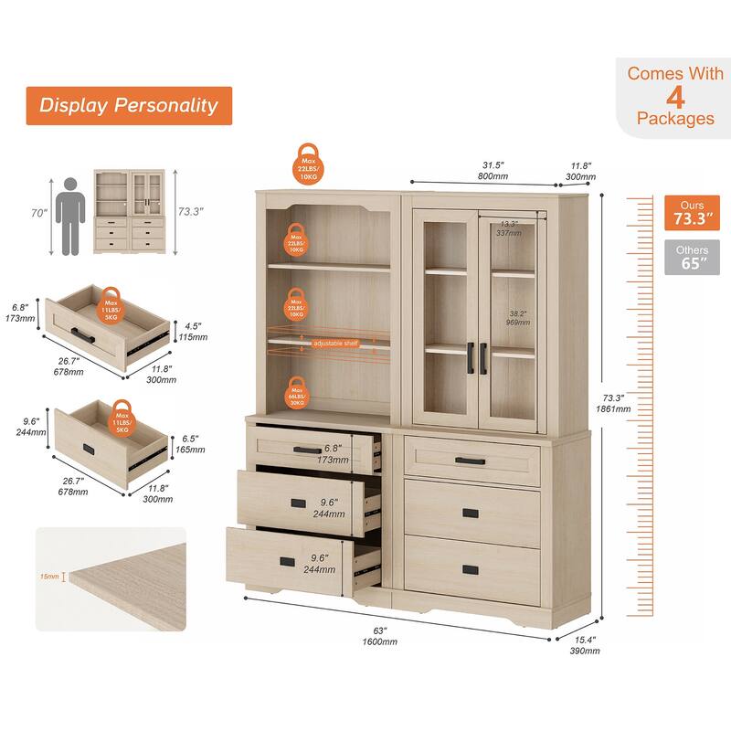 3 Tier Bookcase with Drawer,73.3" Tall Floor Standing Bookshelf