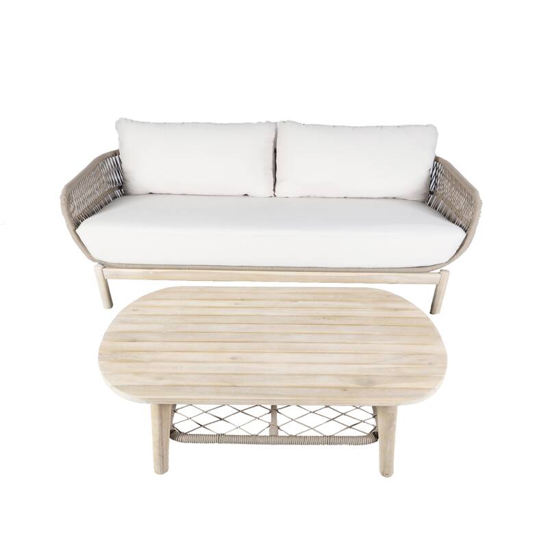2-Piece Outdoor Acacia Wood Sofa Set with Coffee Table