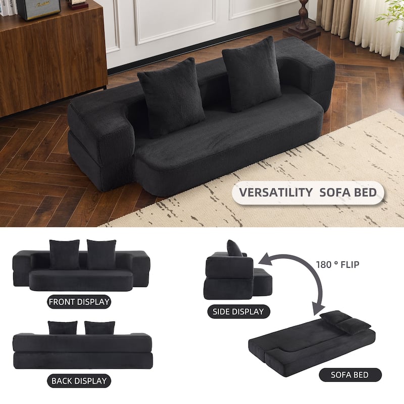 74.81" Faux Fur 3-in-1 3-Seater Floor Sofa, Converts to Bed with Memory Foam