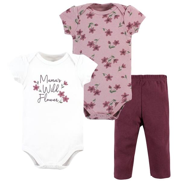 slide 1 of 1, Hudson Baby Infant Girl Cotton Bodysuit and Pant Set, Plum Wildflower Short Sleeve 0-3 Months - Plum Wildflower Short Sleeve