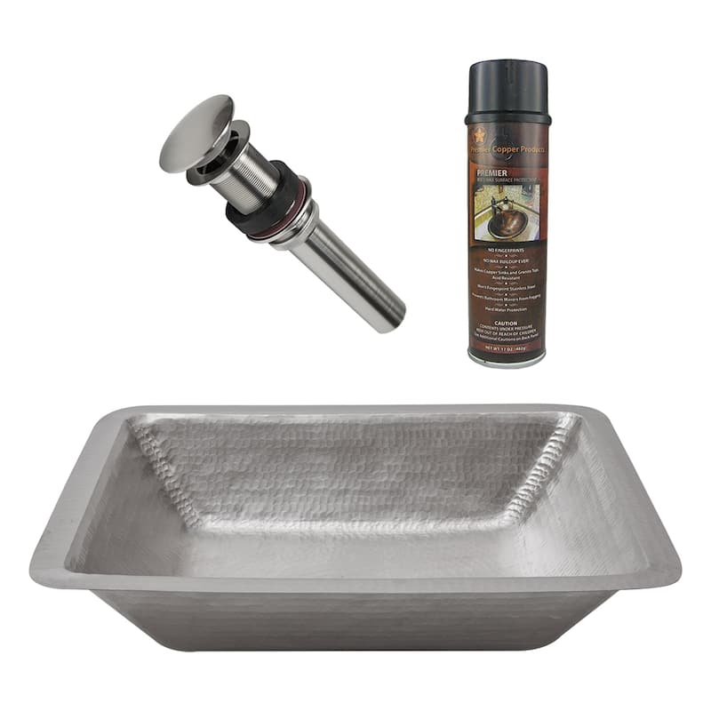 19" Rectangle Under Counter Hammered Copper Bathroom Sink in Nickel, Matching Drain and Accessories