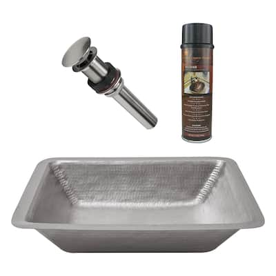 19" Rectangle Under Counter Hammered Copper Bathroom Sink in Nickel, Matching Drain and Accessories