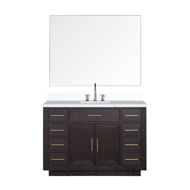 Abbey 48 in W x 22 in D Black Oak Single Bath Vanity, White Quartz Top, Faucet Set, and 46 in Mirror