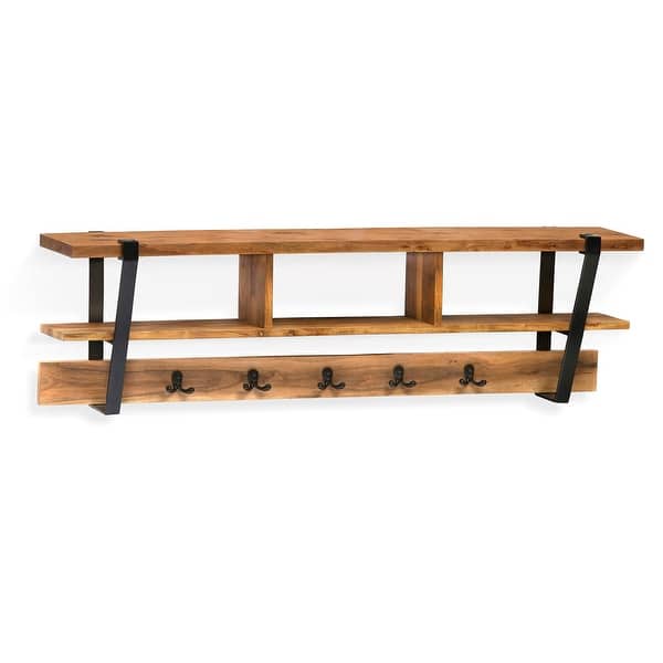 slide 2 of 5, Ryegate Natural Solid Wood Metal Coat Hooks with Storage Brown