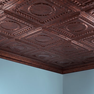 FASÄDE Rosette Decorative Vinyl 2ft x 4ft Glue Up Ceiling Panel in Moonstone Copper (5 Pack)