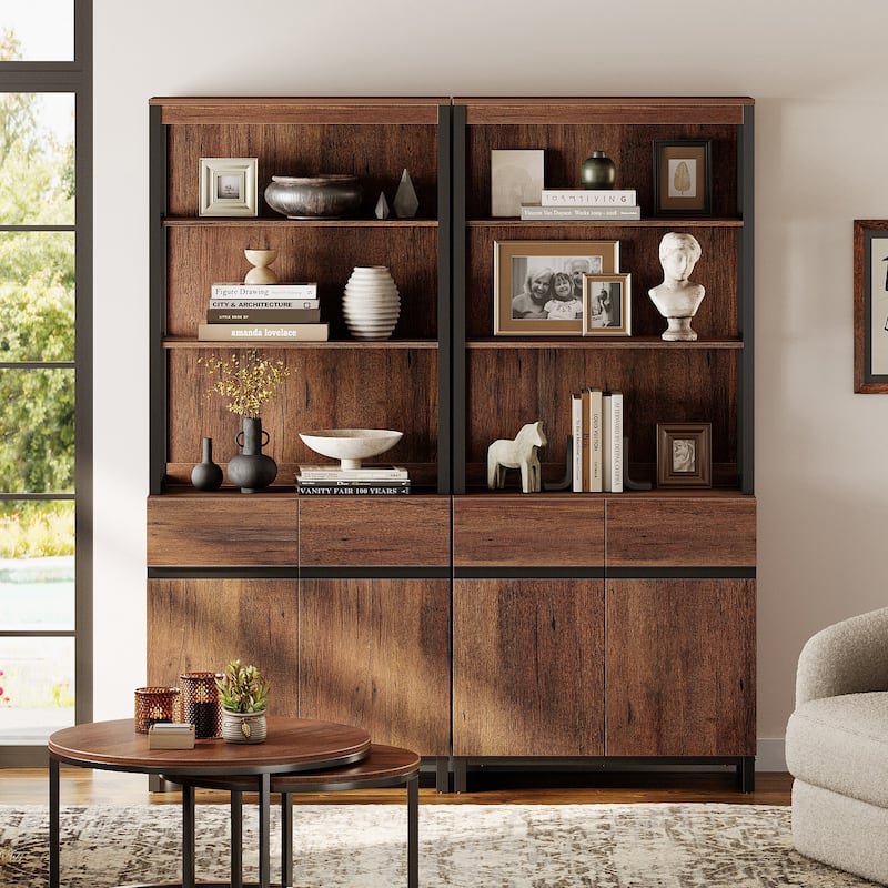 WAMPAT Modern 72" Tall Bookcase with Metal Base and Adjustable Shelves, Library Book Shelf with Storage Cabinet - Brown - 2 Piece