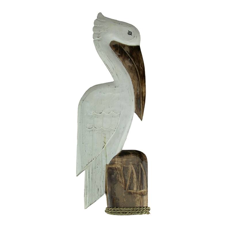 White Wood Coastal Pelican Perched On Nautical Piling Wall Sculpture