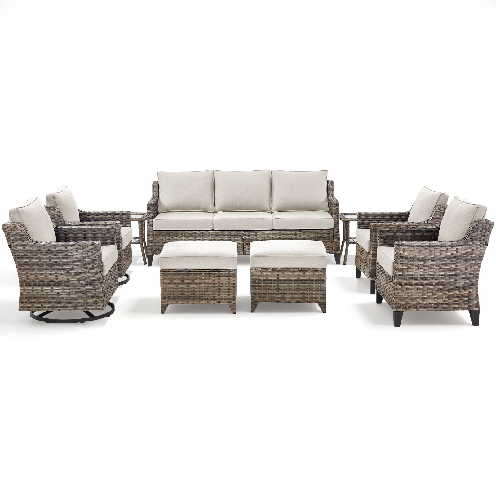 Pocassy Wicker Patio Sofa Glider Swivel Chair Ottoman Furniture Set.