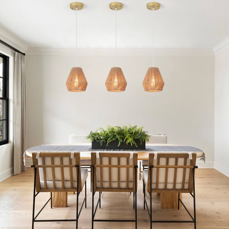 (Set of 3)1-Light Paper Rope Shaded Pendant Lights for Kitchen ，Set of Lghting Fixtures, Farmhouse Semi Flush Mount Chandelier