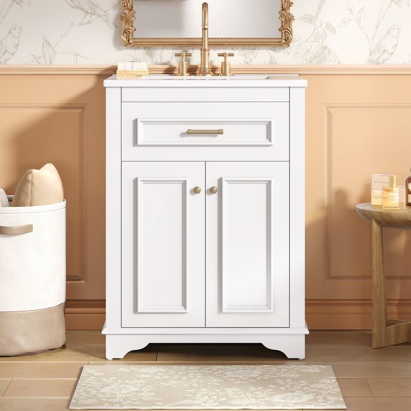 24" Bathroom Vanity with Integrated Ceramic Sink, Bathroom Cabinet with 2 Doors, 1 Tip-Out Drawer