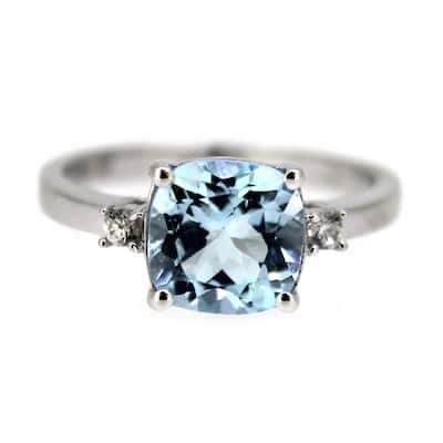 925 Sterling Silver Cushion Sky Blue Topaz and White Natural Zircon 3-Stone Ring