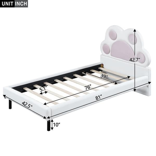 Meow ~ Kids Bed Paw Shaped Upholstered Platform Bed Cute Fairytale Animals Theme Bed with Slat, Headboard and LED Light Strip