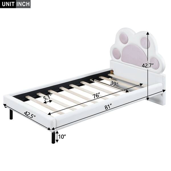 Twin Pink Upholstered Platform Bed wPaw Shaped Headboard, LED Light