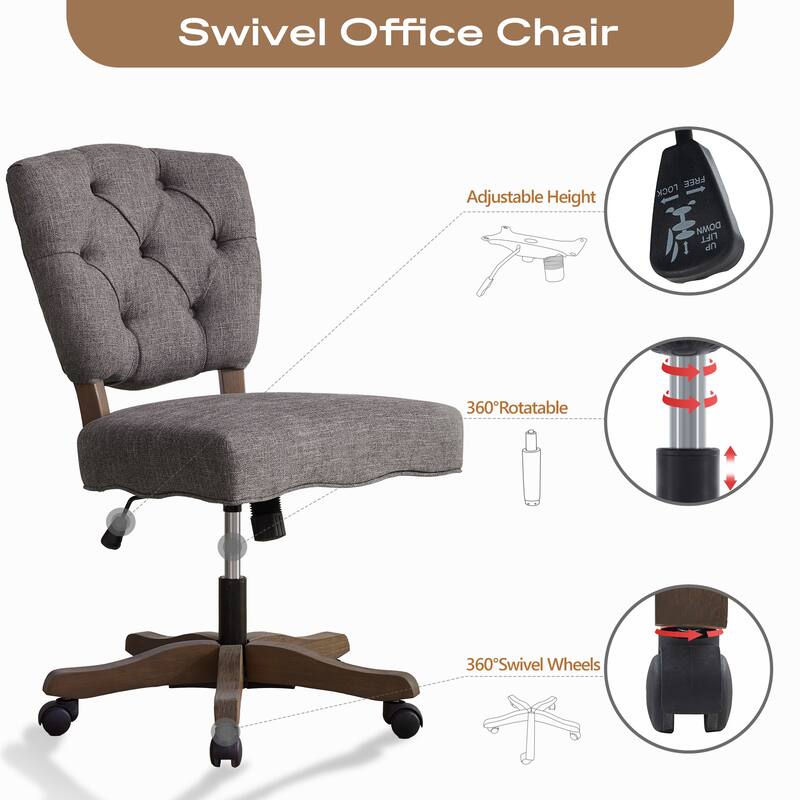 Home Computer Office Chair with Wheels Beige/ Cream/ Grey Adjustable Height, Linen Fabric Upholstered Chair Swivel