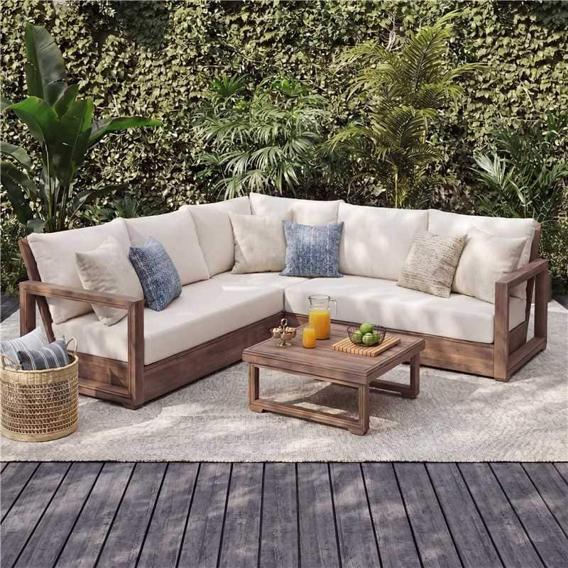 Christopher Knight Home - Outdoor 4-Piece Acacia Wood Patio Conversation Set with Cushions and Slatted Coffee Table