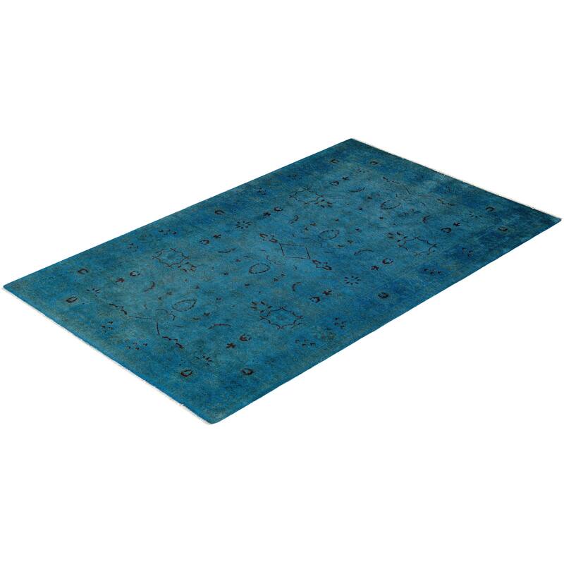 Overton Hand Knotted Wool Vintage Inspired Modern Contemporary Overdyed Blue Area Rug - 4' 1" x 6' 8"