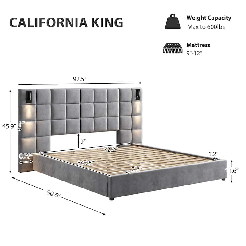 Grounded Bed Upholstered Bed Frame with 46" High Headboard and Integrated Reading Lamp & USB Port, Square Quilting Design