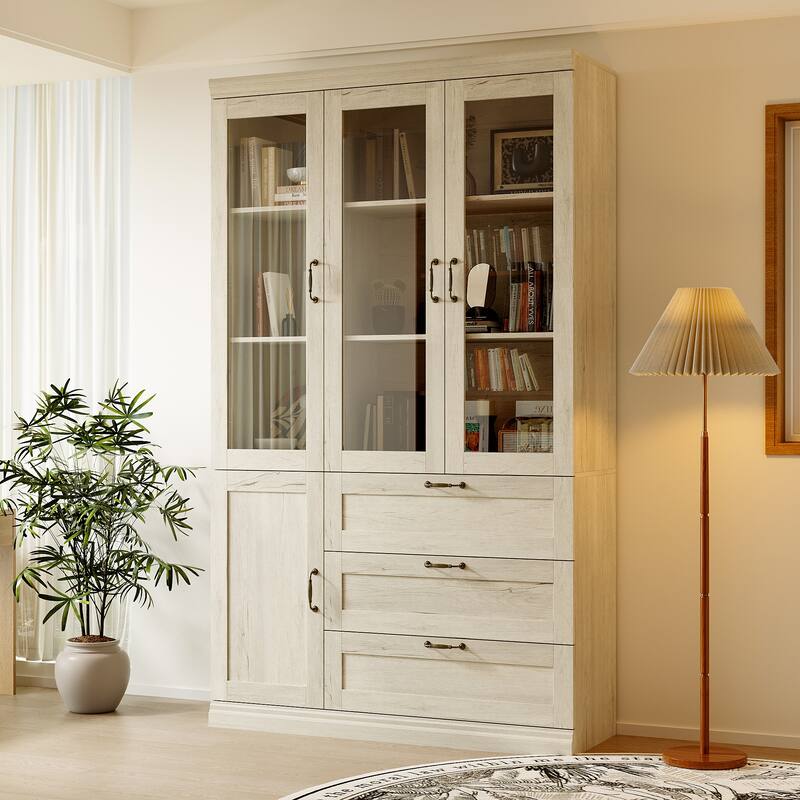 Bookcase Cabinet with Glass Doors and Drawers Multi-Purpose Storage Display Hutch for Living Room or Dining Room - 47.2"Wonly
