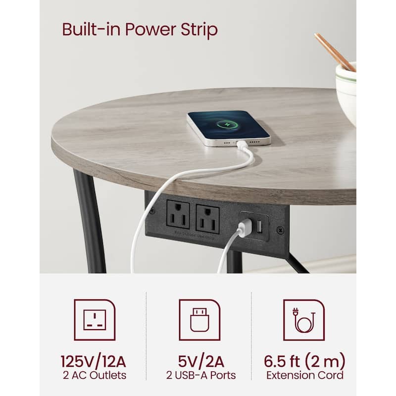 Metal Wood Round Side Table with USB Ports and 2 Tier Storage - 21.7"D x 21.7"W x 21.7"H