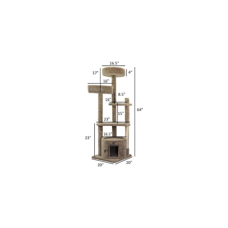 64" Multi-Level Cat Tower with Hammock Perch, Enclosed Cat House, Flat Platforms and Sisal Posts for Playful Cats