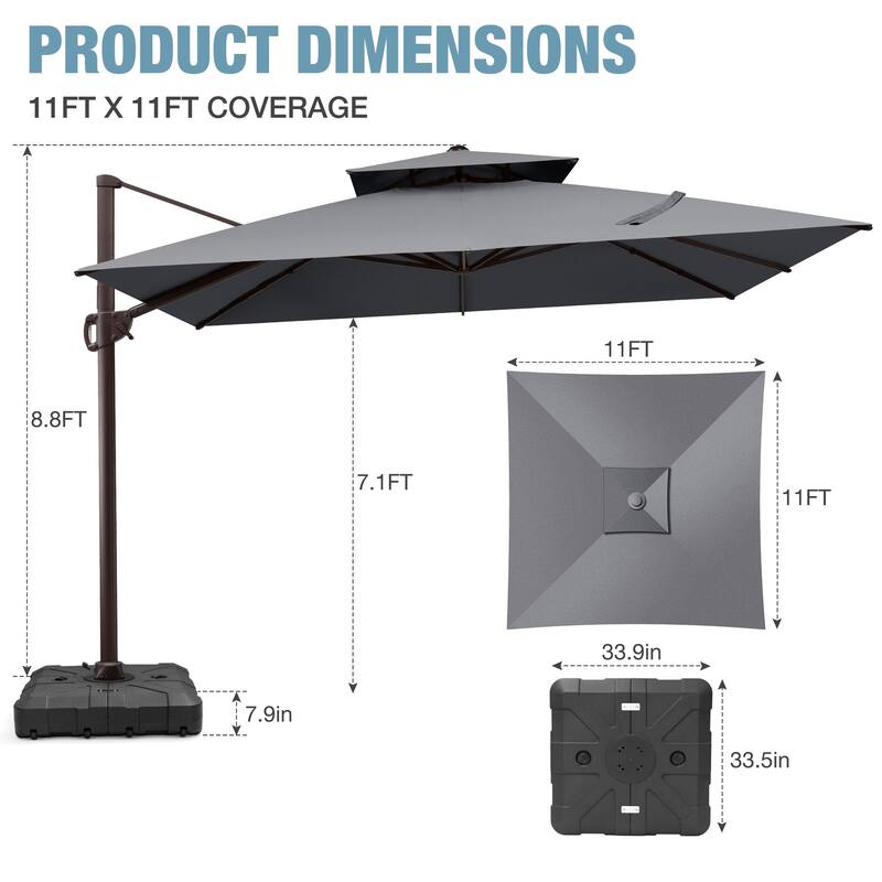 VredHom 11x11 FT Outdoor Patio Double Top Cantilever Umbrella with Wheel Base