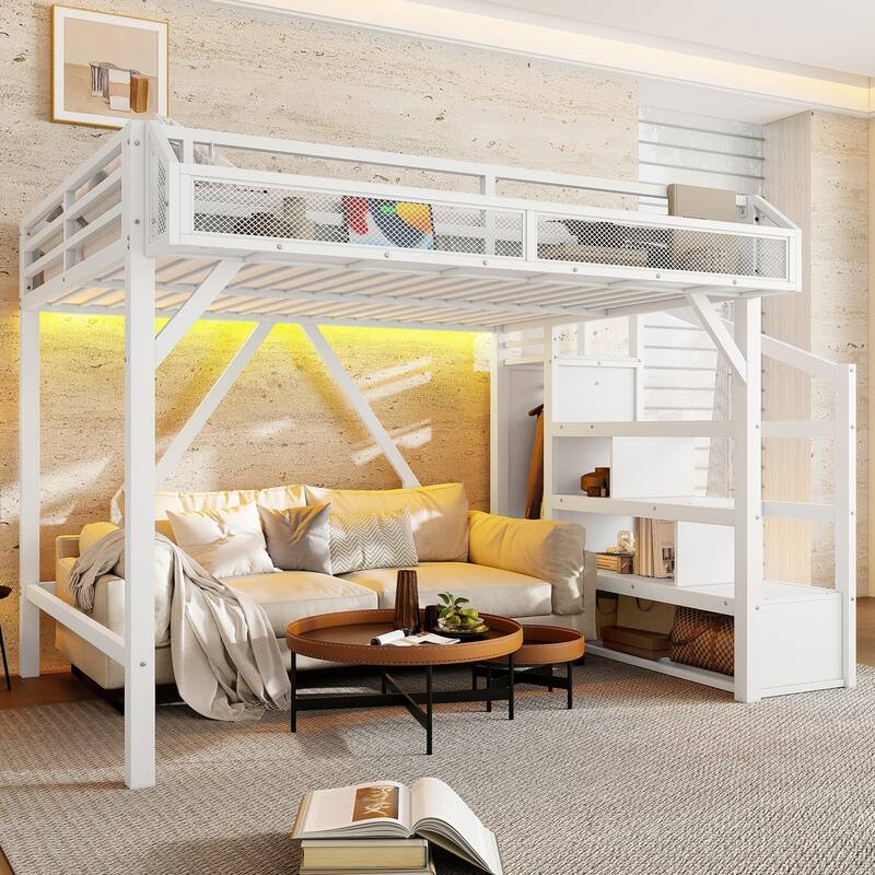 Roomfitters Metal Loft Bed with Wardrobe and Storage Stairs, LED Lights and USB