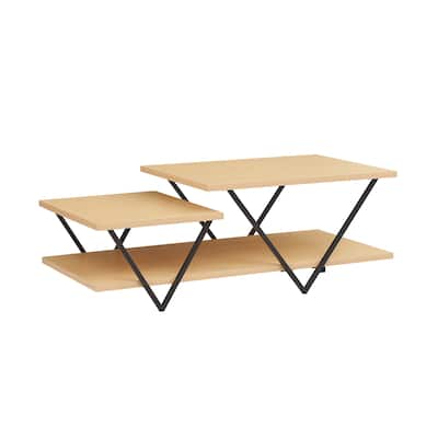 48 Inch 2 Tier Top Coffee Table with Bottom Shelf, V Shape Black Metal Legs, Light Maple Wood