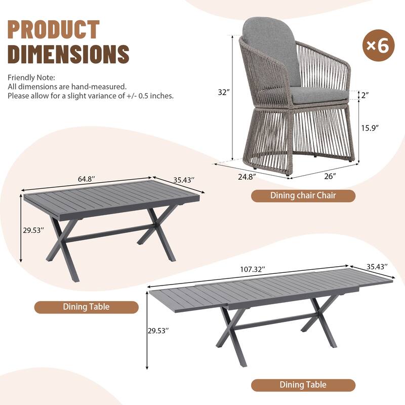Expandable Aluminum Outdoor Dining Set with 6 PE Wicker Chairs