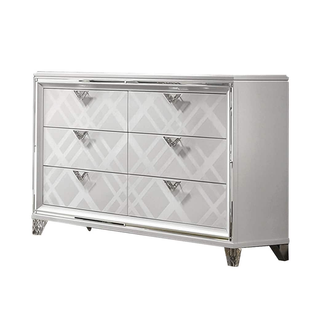 Beli 64 Inch 6 Drawer Wide Dresser Chest, Carved Acrylic Feet, Crisp White