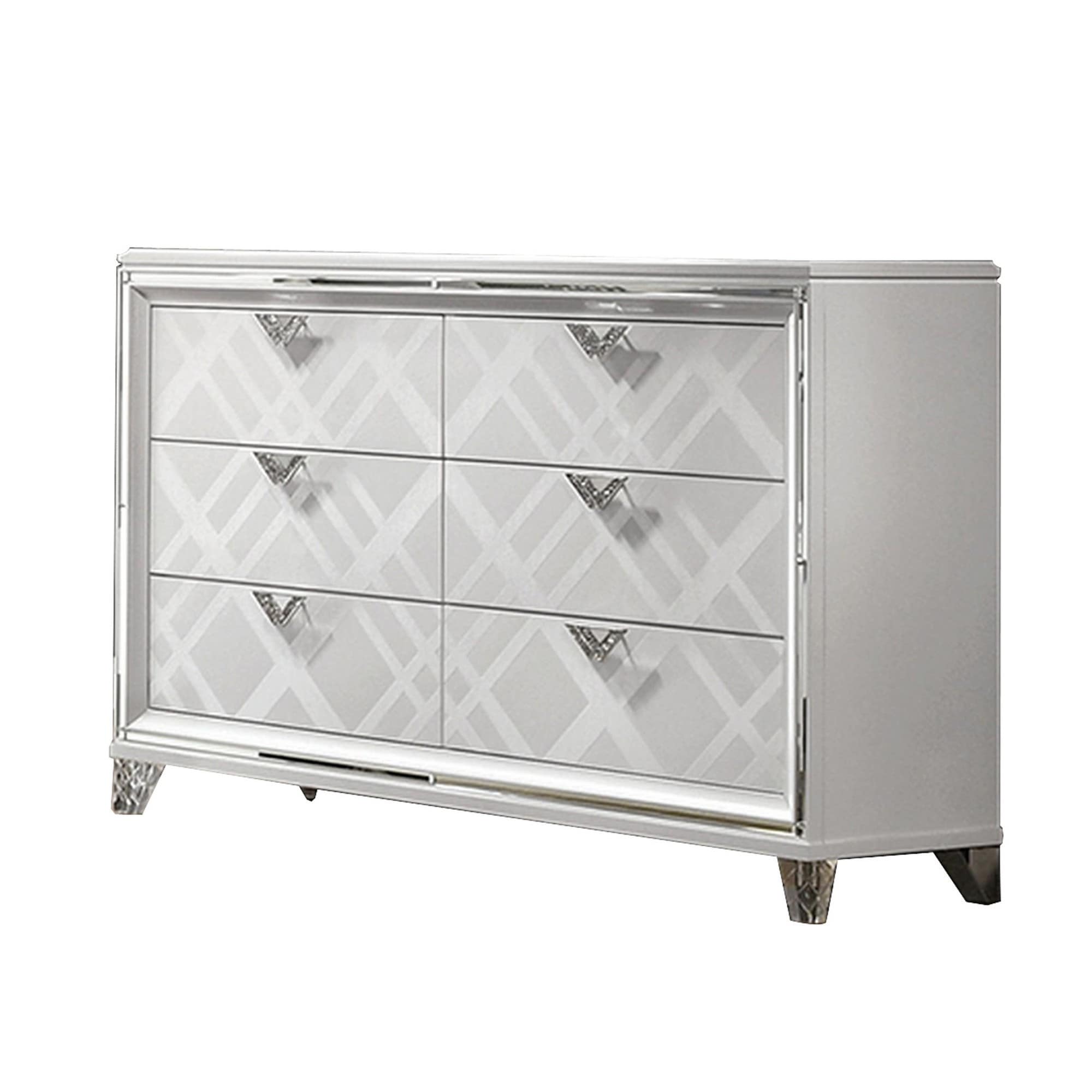 Beli 64 Inch 6 Drawer Wide Dresser Chest, Carved Acrylic Feet, Crisp White