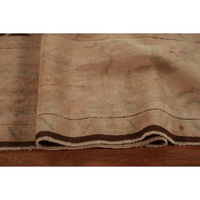 Vegetable Dye Brown Floral Oushak Turkish Rug Hand-Knotted Wool Carpet - 10'4"x 12'9"