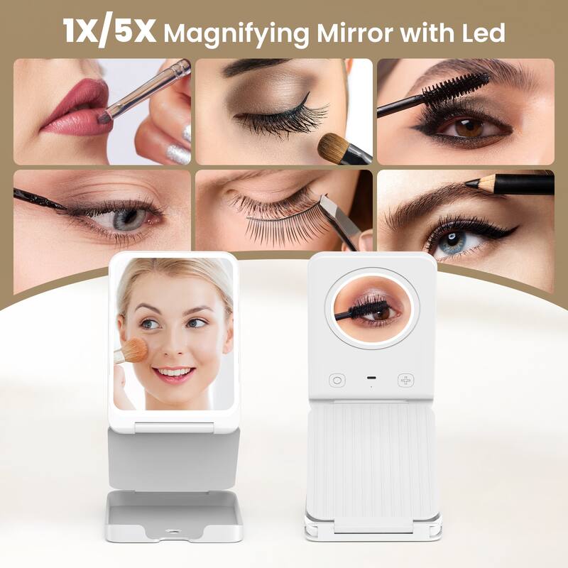 Foldable Portable LED Makeup Mirror with 5X Magnification and Adjustable Brightness - 8"L x 5.3"W