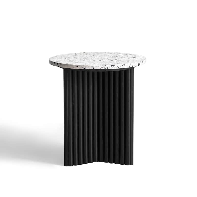 HomeRoots 23" White and Black Faux Terrazzo and Wood Round Pedestal End Table - 18.11 in. x 19.76 in. x 18.11 in.