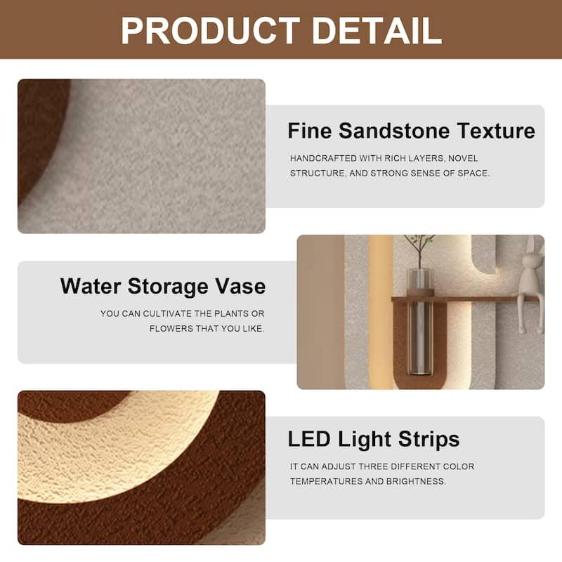 Roomfitters LED Sandstone Wall Art with 3D Vase, 3 Color Light Strip & Fake Rabbit Statue for Living Room, Light Coffee