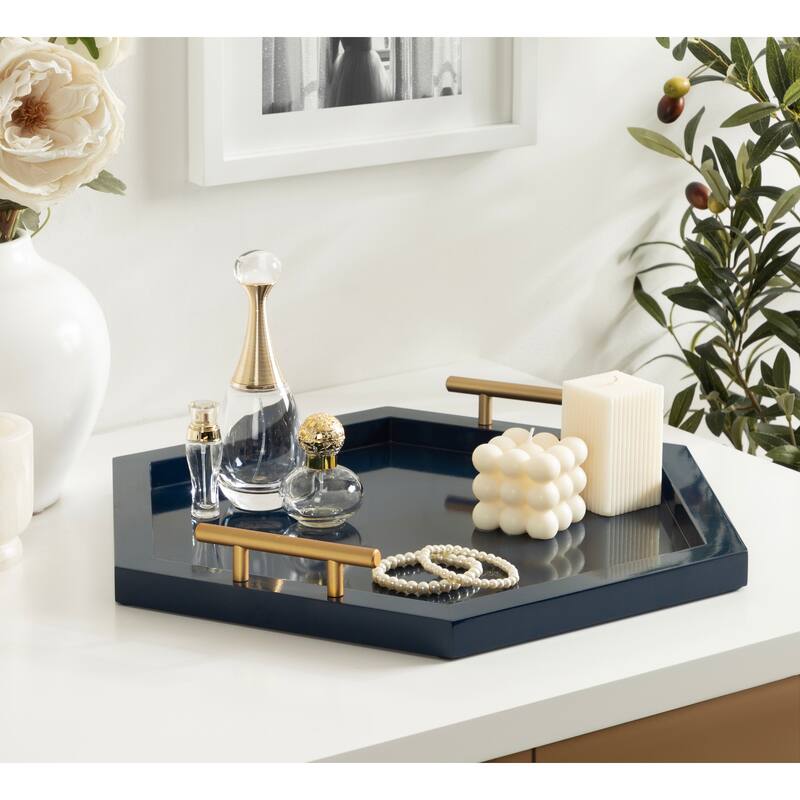Halsey Hexagon Decorative Wood Tray with Polished Metal Handles