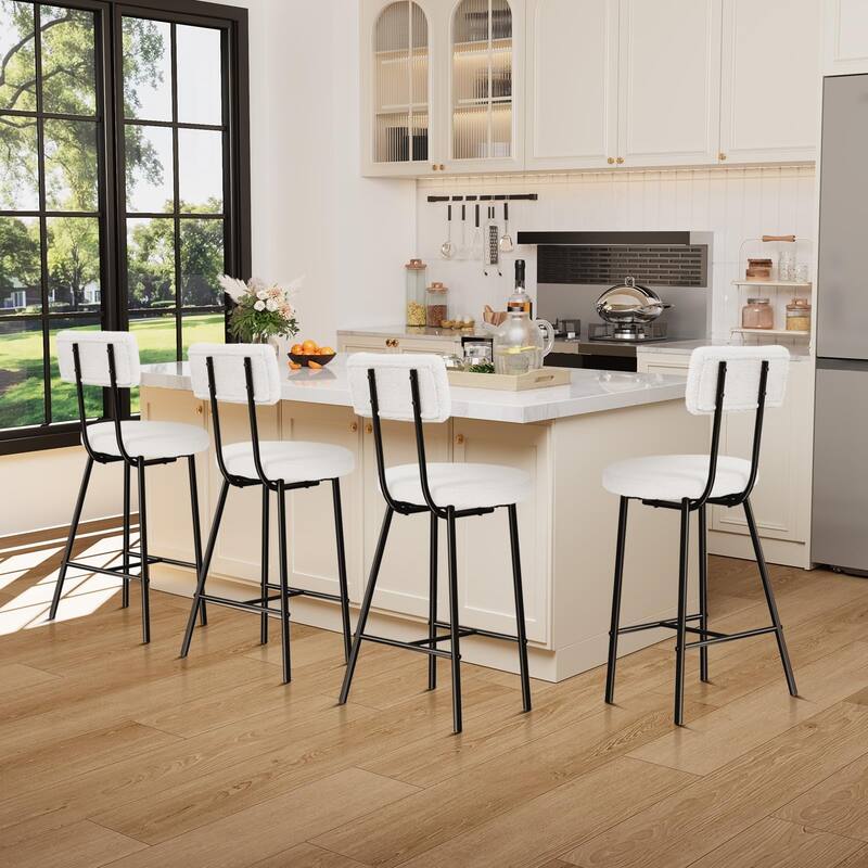 Boucle Upholstered Bar Stools Set of 2, Modern Counter Height Bar Chairs with High Back, Footrest and Metal Leg