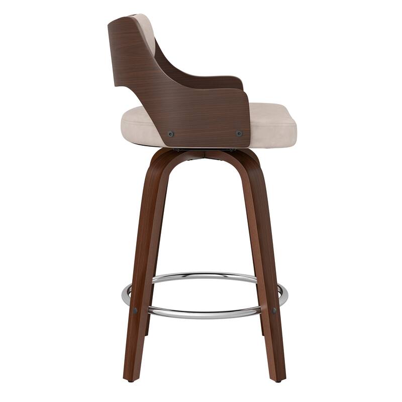 Modern Swivel Bar Stools with Curved Wood Back Upholstered Armrest Counter Stool