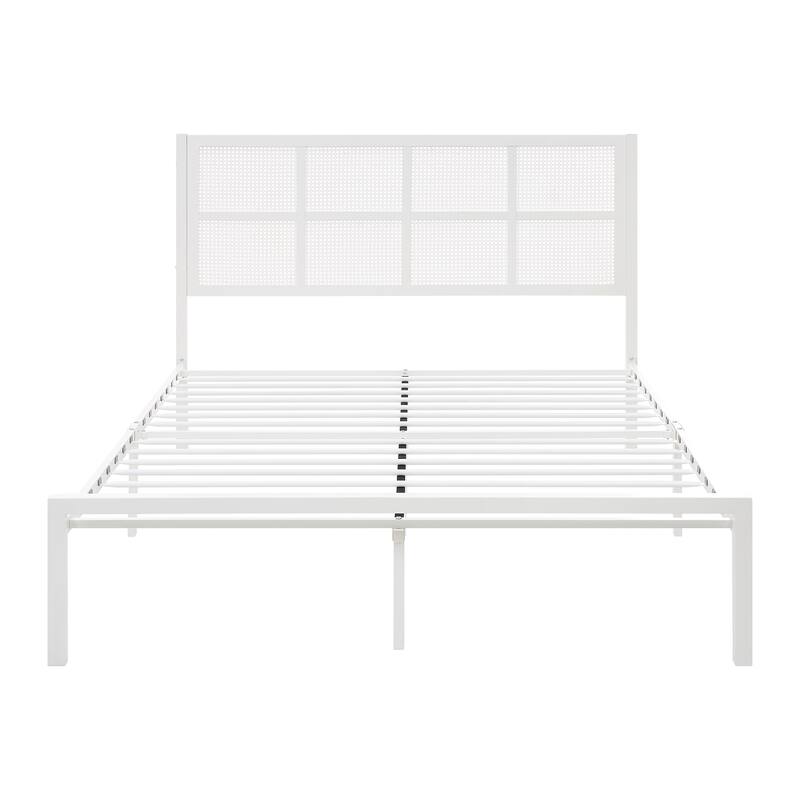 White Metal Platform Bed with Faux Cane Headboard, Eastern King Size, No Box Spring Needed