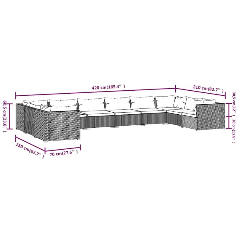 vidaXL Patio Lounge Set Outdoor Sectional Sofa Set Table Garden Poly Rattan - 27.6" x 27.6" x 23.8"