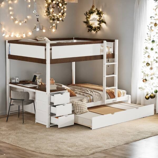 slide 2 of 18, Full-over-Full Bunk Bed with Twin size Trundle, Storage and Desk,with 2 USB and 2 3-holes Plugs White+Walnut