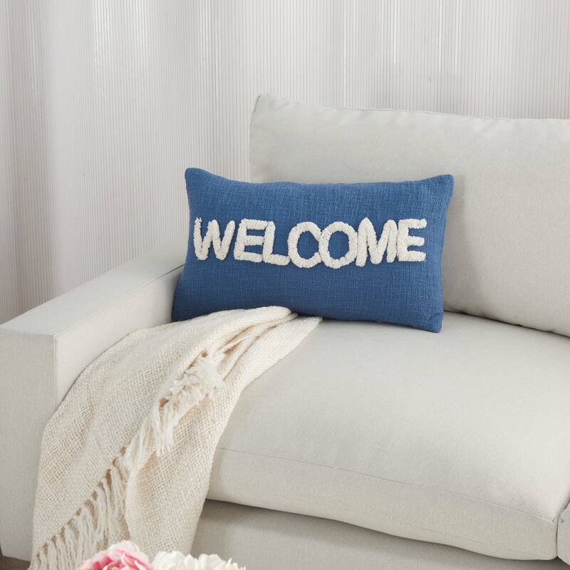 Mina Victory Life Styles Textured Words Welcome Throw Pillow 12"X21" - Specialty - Blue