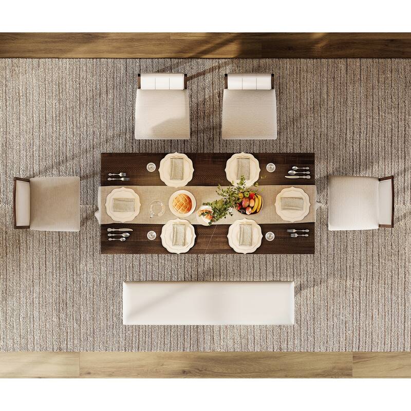 6-pieces Farmhouse Dining Table for 6, 74.8" Kitchen Table Set with 4 Chairs and Bench, Solid Wood Legs and Cushion Seat