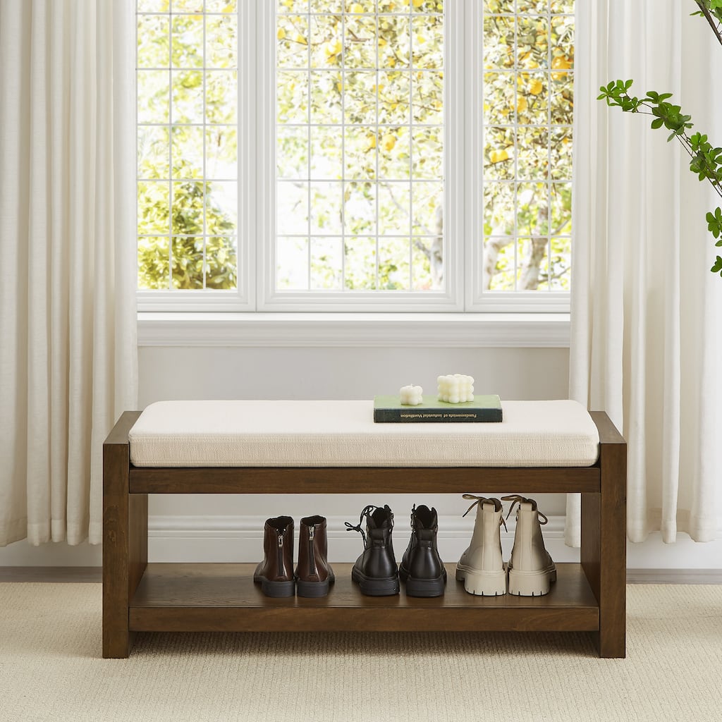 FurnitureR 40" Storage Bench with Cushion and Lower Shelf, Ivory Bedroom Bench with Shoe Rack