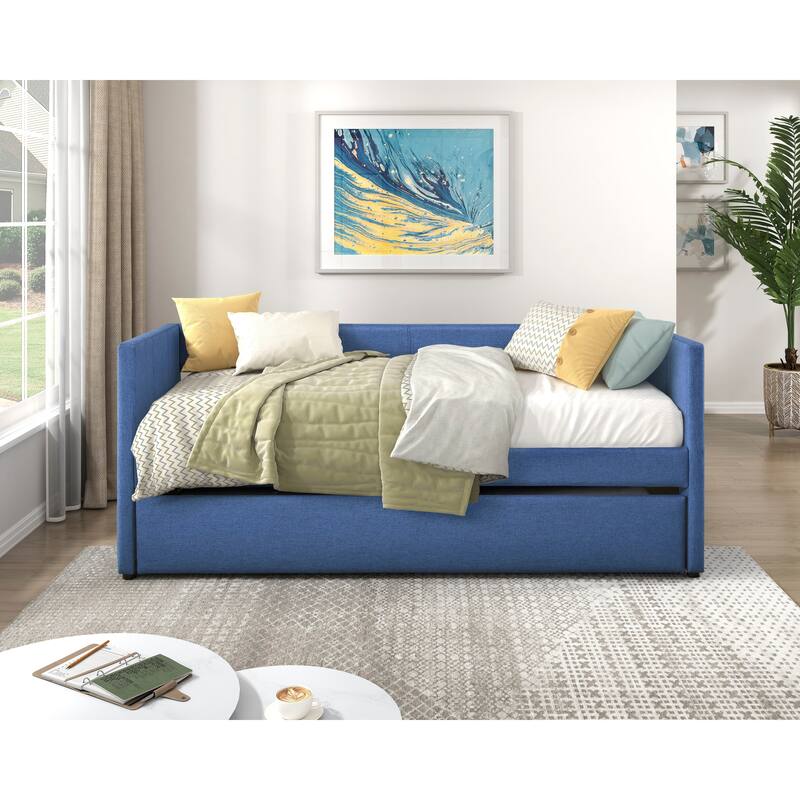 1pc Daybed with Trundle Blue Fabric Upholstery Wooden Frame Modern Home Furniture