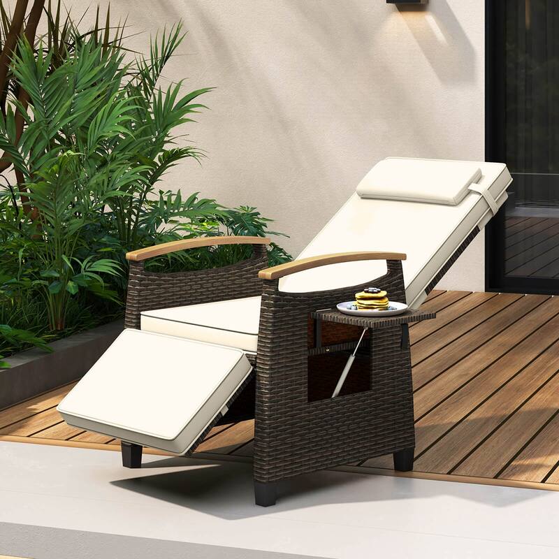Costway 1/2 PCS Patio Wicker Recliner Chair with Adjustable Backrest - White