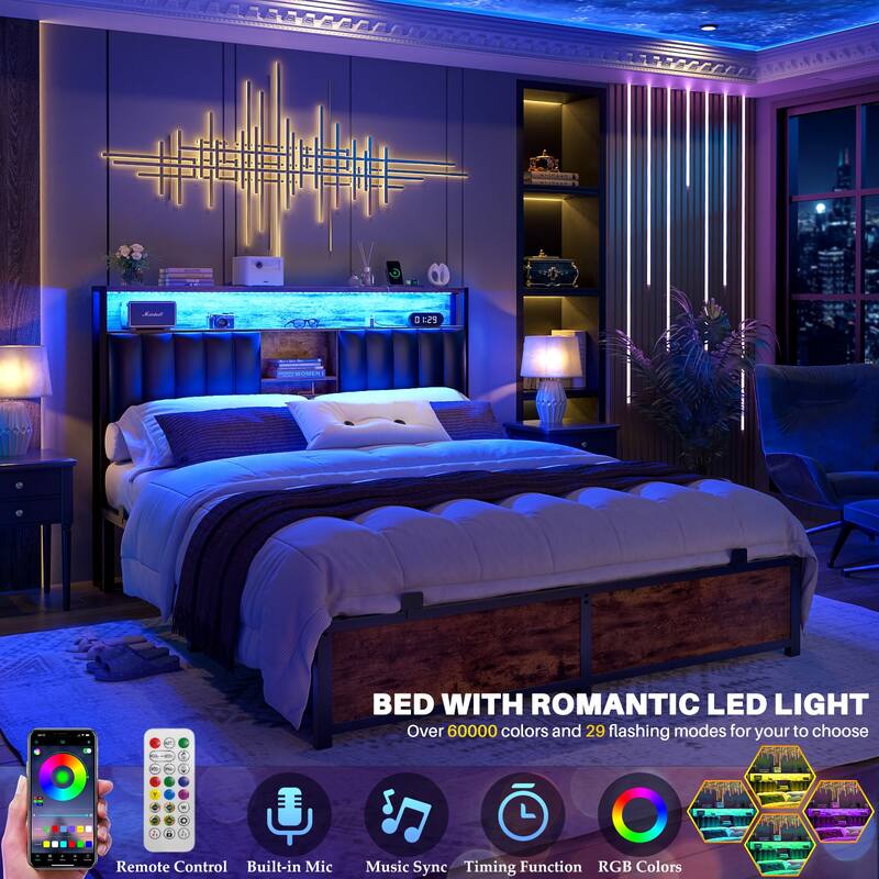 Upholstered Bed Frame with Storage Shelving, Platform Beds with Charge Station and LED Lights