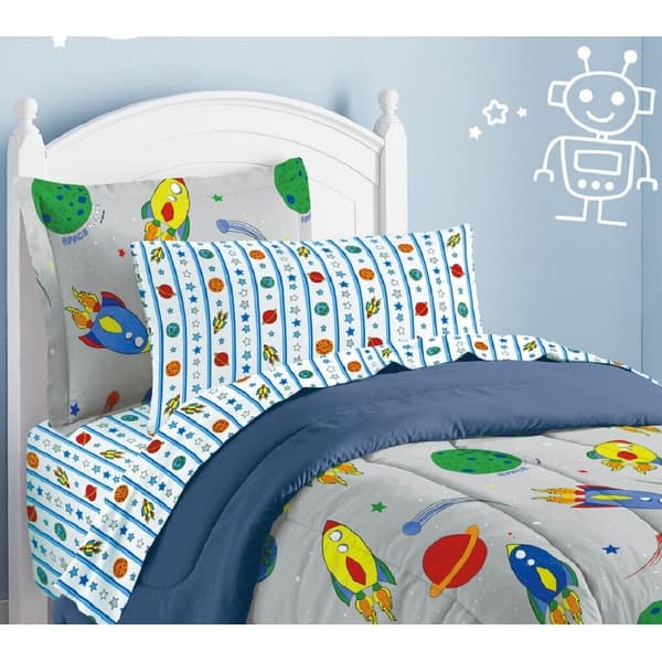 Dream Factory Space Rocket Twin 5 Piece Bed In A Bag With Sheet Set