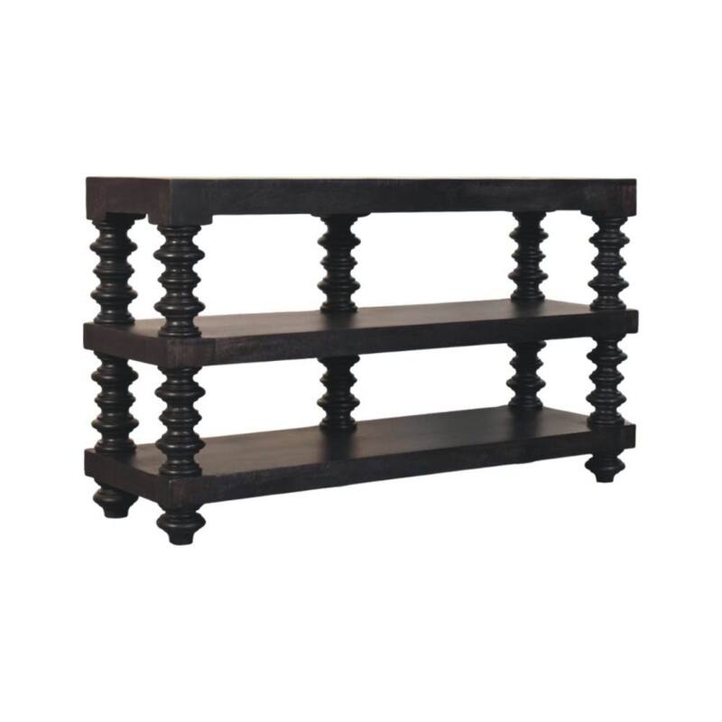 Artisan Furniture Solid Wood Spindle Shelf Console in Carbon Ash, Black with storage