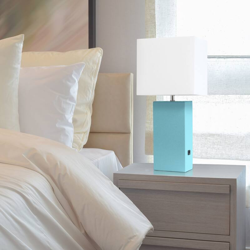 Modern Leather Table Lamp with USB and White Fabric Shade
